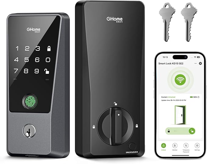 GHome Smart WiFi Deadbolt Locks for Front Door, 5-in-1 Fingerprint Keyless Entry Door Lock, Indoor Smart Lock for Home Hotel with 10000mAh Battery, Work with Alexa & Hey Google, App Control, Auto Lock