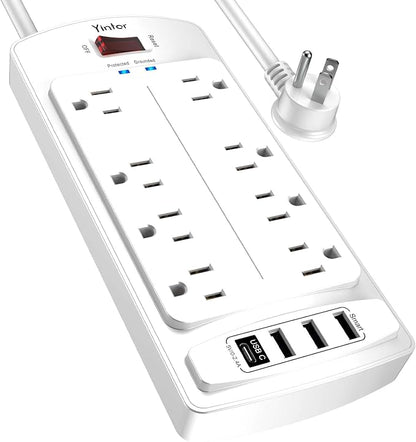 Yintar 6Ft Surge Protector Power Strip with 8 Outlets and 4 USB Ports | 6 Feet Flat Plug Extension Cord with Multiple Outlets for Home, Office, Dorm Essentials, 2700 Joules, ETL, White