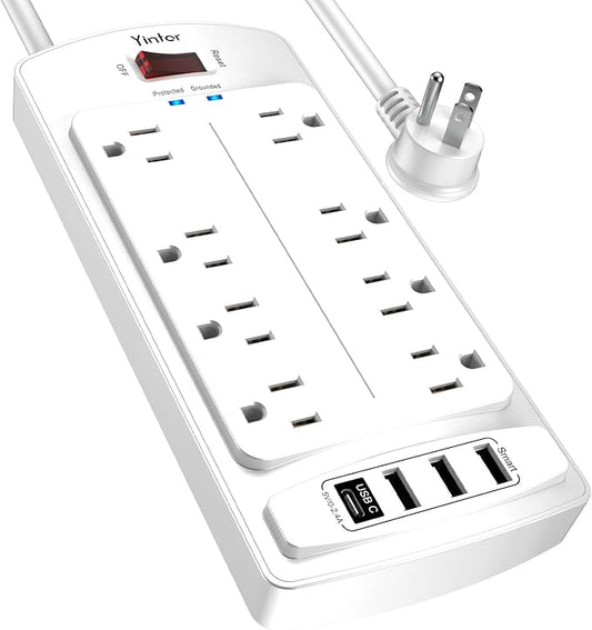 Yintar 6Ft Surge Protector Power Strip with 8 Outlets and 4 USB Ports | 6 Feet Flat Plug Extension Cord with Multiple Outlets for Home, Office, Dorm Essentials, 2700 Joules, ETL, White
