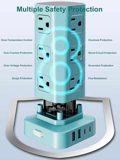 Power Strip Tower Surge Protector, 6FT Flat Plug Extension Cord with Multiple Outlets, 12 AC Outlets 4 USB (2 USB C), Desktop Charging Station with Surge Protection for Home Office Dorm Room, Mint