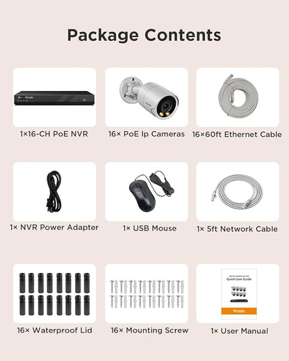 16 Channel Security Camera System 4K for Commercial,4K 16CH PoE NVR 4TB HDD,16x 8MP Wired Outdoor IP Cameras,Smart Color Night Vision,AI Human Vehicle Detection,Built-in microphone,PB38F1616-8M