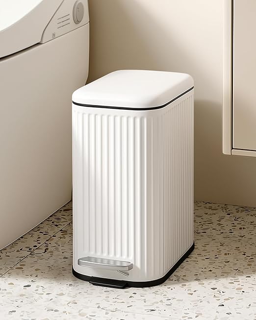 Cesun Bathroom Small Trash Can with Lid Soft Close - 1.3 Gallon Slim Garbage Can with Removable Inner Bucket, Stainless Steel Waste Basket with Step Pedal for Bedroom, Living Room, Office, White