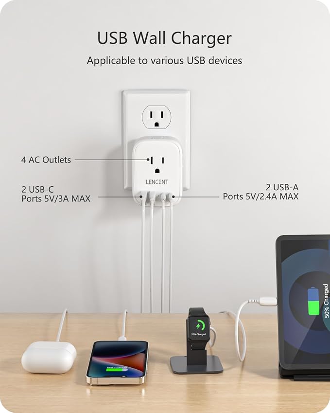 LENCENT Multi Plug Outlet Extender with USB, Electrical Outlet Expander | with 4 AC 4 USB Charger Cube (2 Type C), Small Multiple Wall Tap Plug Splitter for Home Office Travel Cruise Dorm Essentials