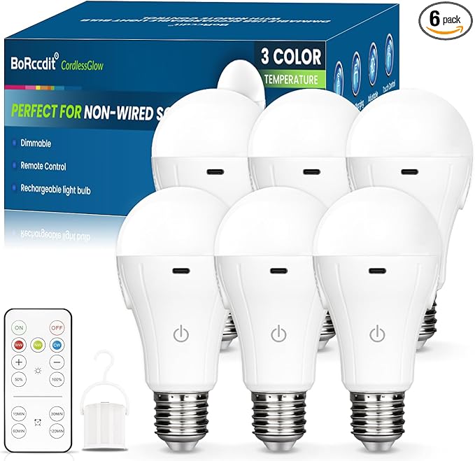 BoRccdit CordlessGlow 15W A19 Rechargeable Light Bulbs with Remote, 3 Color Temperatures + Dimmable Battery Operated Light Bulb, up to 24 Hours,6pk