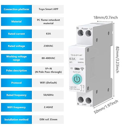 WiFi Circuit Breaker, 1P+N 63A 230V Smart Home Wireless Remote Control Switch Timer Voice Control Compatible with Smart Life TUYA APP DIN Rail Mounted