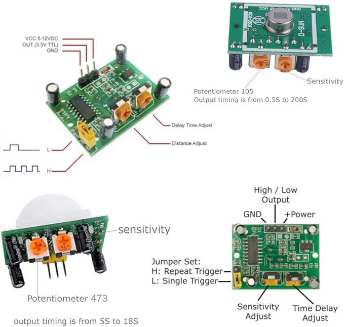 5pcs HC-SR501 PIR Infrared Motion Sensor Human Body IR Movement Detector Sensor Module for Arduino for Raspberry Pi