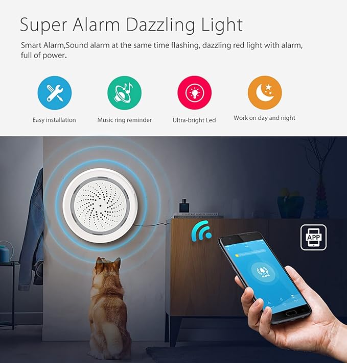 Smart Wi-Fi Siren Alarm: Wireless Strobe Siren with Sound and Light Alarm, 100dB Sounder, App Remote Control, Burglar Alarm Links with Tuya Smart Devices for Home Security & Home Automation