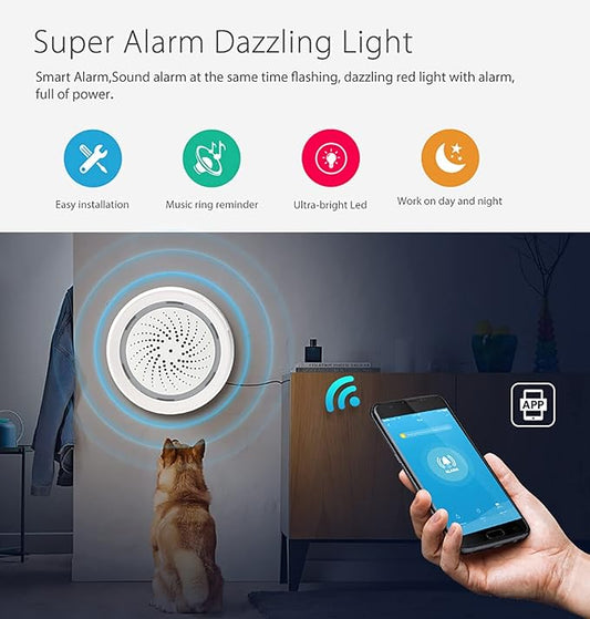 Smart Wi-Fi Siren Alarm: Wireless Strobe Siren with Sound and Light Alarm, 100dB Sounder, App Remote Control, Burglar Alarm Links with Tuya Smart Devices for Home Security & Home Automation