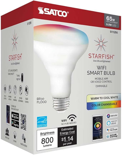Satco S11255 Starfish BR30 WiFi Smart LED Light Bulb, Works with Siri, Alexa, Google Assistant, SmartThings, 9.5 Watt, 120 Volt, 800 Lumens, Color Changing & Tunable White