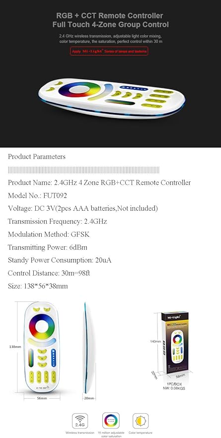 LGIDTECH FUT092 4-Zone RGB+CCT 2.4GHz RF Remote Controller(Not Include Battery) for Milight/LED Light Bulb,Flood Light,Led Strip Controller