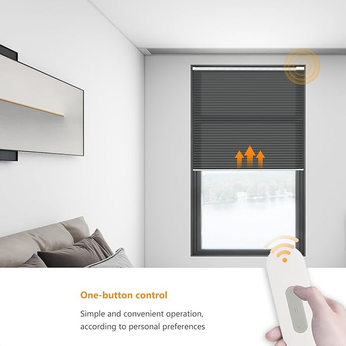 Motorized Cellular Shades Cordless Light Filtering Rechargeable Window Curtains with Remote for Privacy Protection Smart Home Electric Automatic Honeycomb Blinds for Windows, 21" x 48", Black