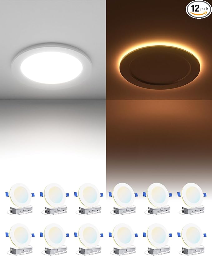 Ensenior 12 Pack 4 Inch LED Recessed Ceiling Light with Night Light, Dimmable, 2700K-5000K 5CCT, 750LM 9W 120V, High Brightness Canless Wafer Downlight - FCC