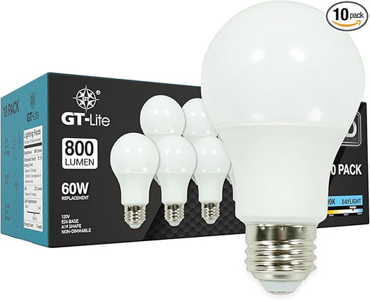 GT-Lite A19 LED Light Bulbs 10 Packs, 60W Equivalent, 5000K Daylight, 9W 800 Lumens LED Bulbs, E26 Base Standard Light Bulbs