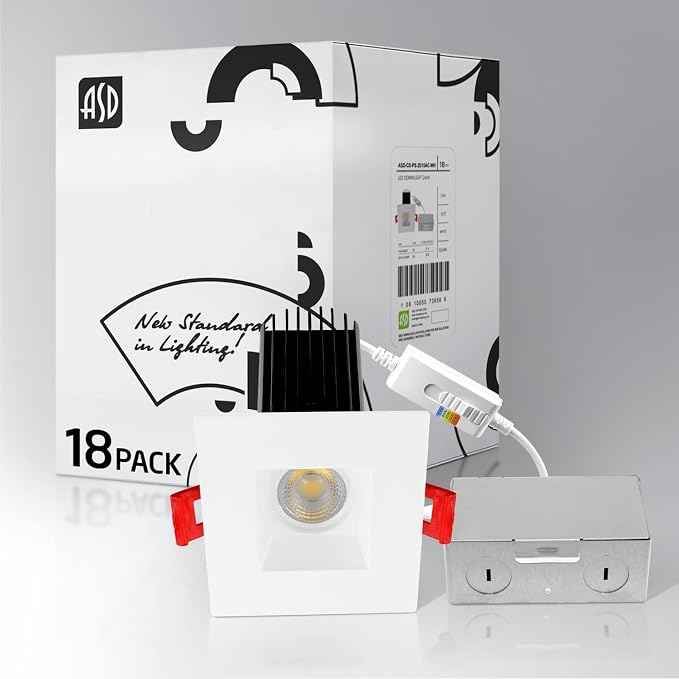 ASD 2 Inch LED Recessed Lighting with Junction Box, 15W 1100 Lm, Dimmable Anti-Glare Downlight, 2700K/3000K/3500K/4000K/5000K Selectable, CRI 90+, Square White Trim, IC Rated, ETL Energy Star, 18 Pack