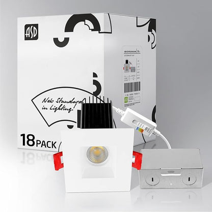 ASD 2 Inch LED Recessed Lighting with Junction Box, 15W 1100 Lm, Dimmable Anti-Glare Downlight, 2700K/3000K/3500K/4000K/5000K Selectable, CRI 90+, Square White Trim, IC Rated, ETL Energy Star, 18 Pack