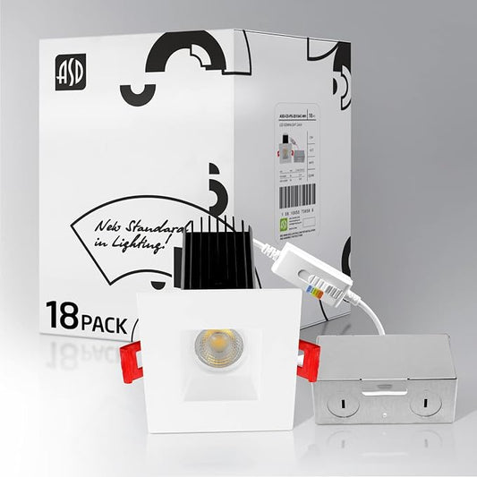 ASD 2 Inch LED Recessed Lighting with Junction Box, 15W 1100 Lm, Dimmable Anti-Glare Downlight, 2700K/3000K/3500K/4000K/5000K Selectable, CRI 90+, Square White Trim, IC Rated, ETL Energy Star, 18 Pack