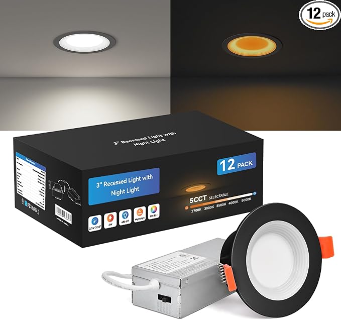 CycevSun Black 3 Inch Recessed LED Lights with Night Light, 12 Pack | Sync & Reset, Dimmable, 5CCT 2700K-5000K Selectable, Canless Downlight, Main Light 6W, Night Light 2W, ETL, IC Rated