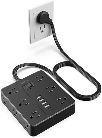 Flat Plug Power Strip, 5Ft Extension Cord with Multiple Outlets | HUNIAN 12 Widely Spaced Outlets 6 USB Charger (2 USB C Ports), Desk Charging Station for Home Office Supplies, Black