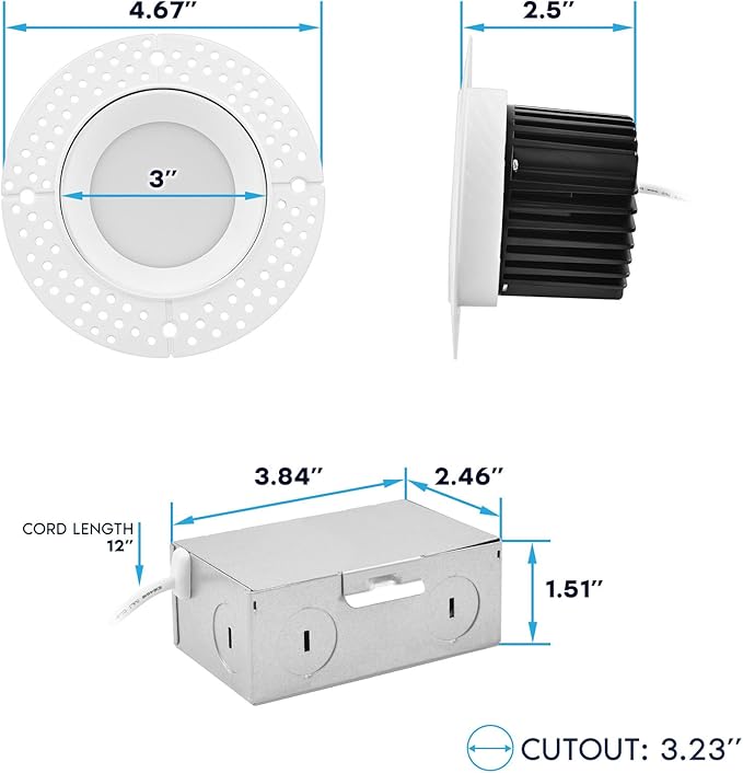 LUXRITE 3 Inch Trimless LED Recessed Light with Junction Box, 5CCT Selectable 2700K-5000K, 10W, 750LM, Dimmable, Wet & IC Rated, Canless Downlight, ETL Listed, New Construction and Remodel