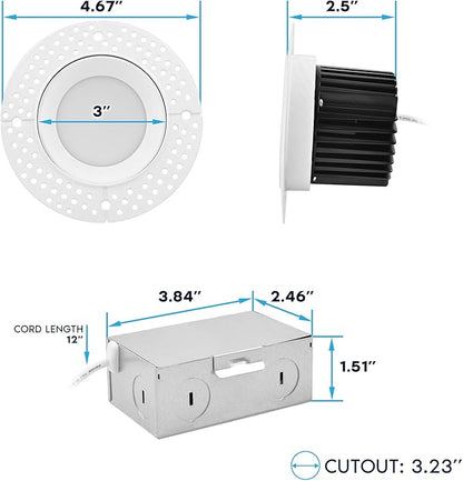LUXRITE 3 Inch Trimless LED Recessed Light with Junction Box, 5CCT Selectable 2700K-5000K, 10W, 750LM, Dimmable, Wet & IC Rated, Canless Downlight, ETL Listed, New Construction and Remodel