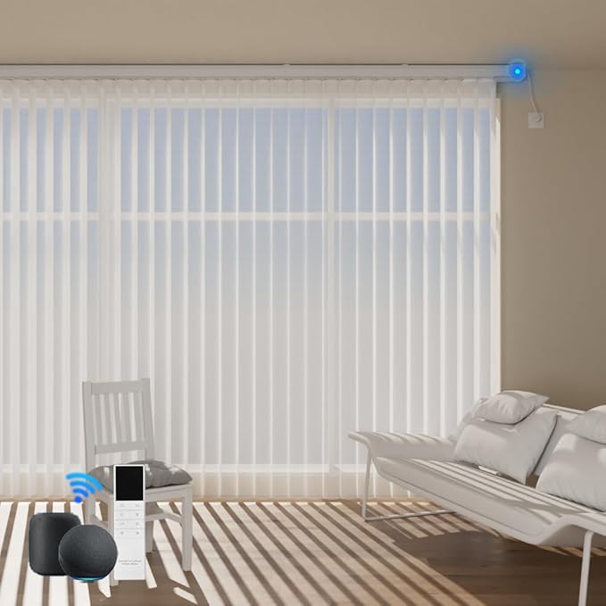 Motorized Sheer Vertical Blinds Work with Alex Google Home, Light Filtering Smart Vertical Blind Sliding Door Blinds Remote Control for Sliding Glass Door Customize (White)