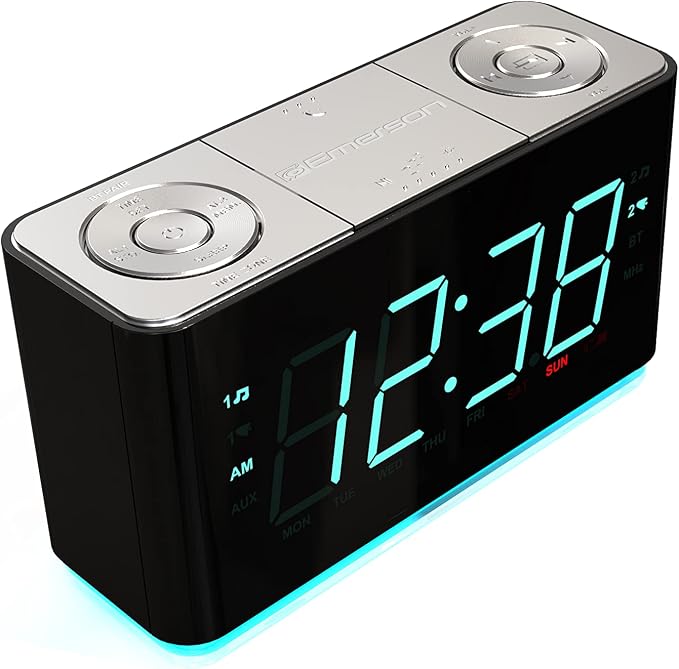 Emerson Smartset Alarm Clock Radio with Bluetooth Speaker with USB Port for iPhone/iPad/iPod/Android and Tablets, 1.4" Cyan LED Display and Night Light, ER100301