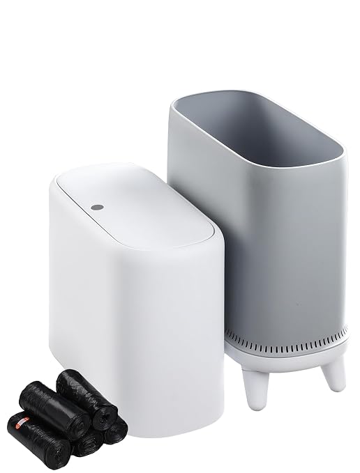 Dog Proof Small Bathroom Trash Can with Lid, Slim Press Top Garbage Can, Narrow White Plastic Waste Basket, for Bathroom Bedroom Office Raised Legs 4.8 Gal with 5 Roll 75 Trash Bags