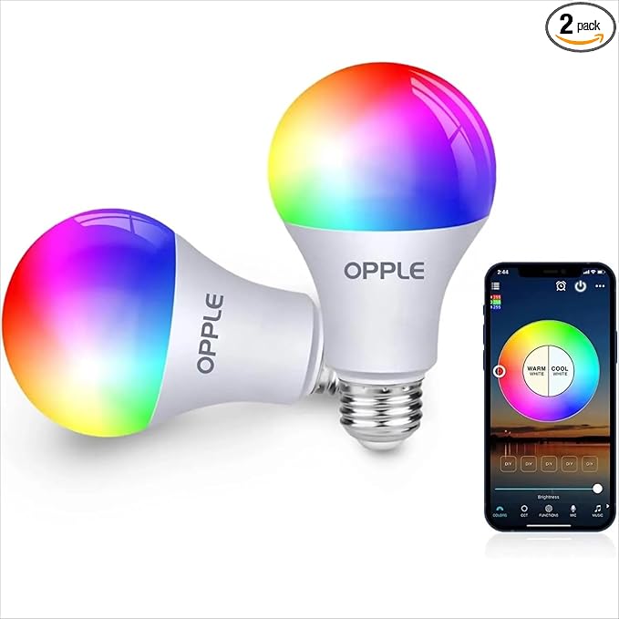 OPPLE Smart Light Bulbs, 60W Equivalent WiFi Bluetooth Dimmable LED RGB Light Bulbs, Full Color Changing Smart Light Bulb Compatible with Alexa & Google Assistant, 9W 800 Lumens 2.4 GHz, Wi-Fi, 2 Pack