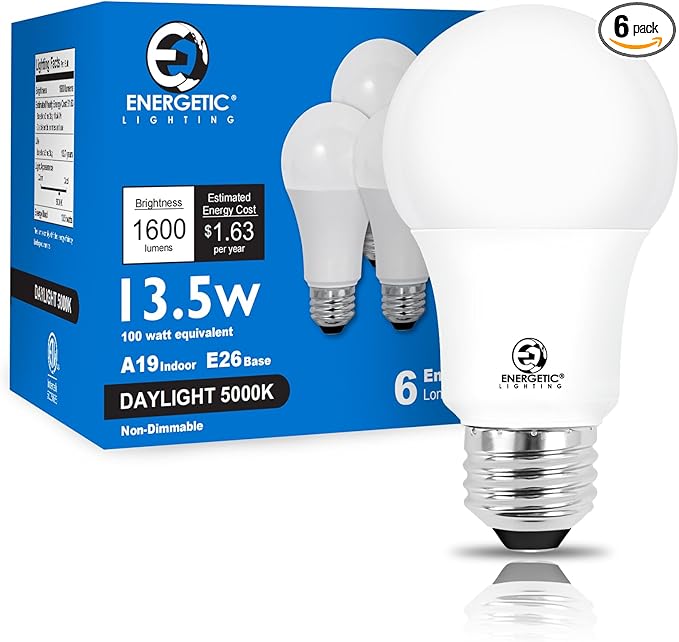 E ENERGETIC LIGHTING LED Bulbs 100 Watt Equivalent, Super Brightness 1600LM, Daylight 5000K, Non-Dimmable A19 LED Bulb, E26 Standard Base, ETL Listed, 6 Packs