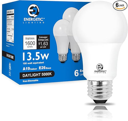 E ENERGETIC LIGHTING LED Bulbs 100 Watt Equivalent, Super Brightness 1600LM, Daylight 5000K, Non-Dimmable A19 LED Bulb, E26 Standard Base, ETL Listed, 6 Packs