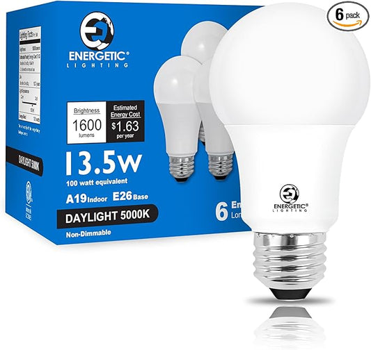 E ENERGETIC LIGHTING LED Bulbs 100 Watt Equivalent, Super Brightness 1600LM, Daylight 5000K, Non-Dimmable A19 LED Bulb, E26 Standard Base, ETL Listed, 6 Packs