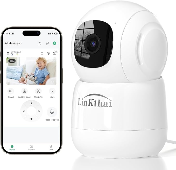 Camera for Home Security, 2K Pet Camera with Speaker,Indoor Camera Wireless with Phone App, Auto Tracking/Super Night Vision, Cloud/SD Card Storage, 2.4 GHz, White