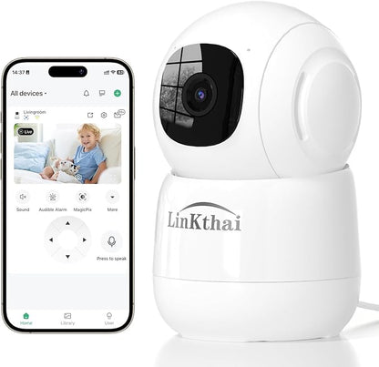 Camera for Home Security, 2K Pet Camera with Speaker,Indoor Camera Wireless with Phone App, Auto Tracking/Super Night Vision, Cloud/SD Card Storage, 2.4 GHz, White