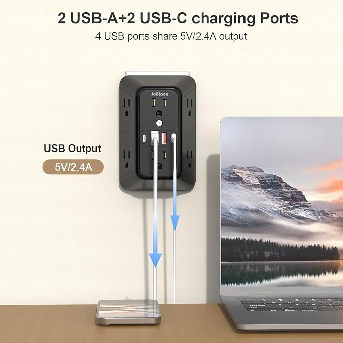 JcBlaon 3 Pack Outlet Extender Surge Protector, 6 Outlet Splitter with 4 USB Ports (2 USB C),1050J 3-Sided Multi Plug Wall Outlet, USB Wall Charger for Home Office Kitchen Travel（Black）-ETL