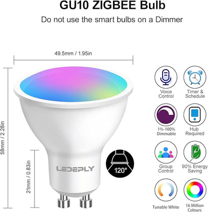 Zigbee GU10 Smart Bulbs, Compatible with Hu*e*, Alexa & Google & ConBee (Hub Required), 5W(50W), LED WiFi Bulb, Dimmable, Color Changing &Tunable White, LED Track Light Bulbs, 2 Pack