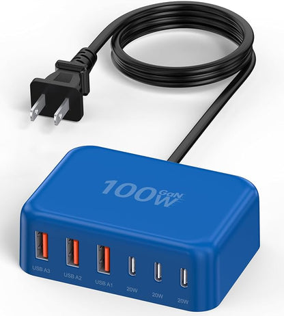 100W 6 in 1 USB Charger, 50% Smaller Charging Station for Multiple Devices | Fast Charging Blocks with Type C Port, USB Charging Hub Organizer Multiport Power Strip for iPhone,Samsung,Ipad,Kindle,Travel