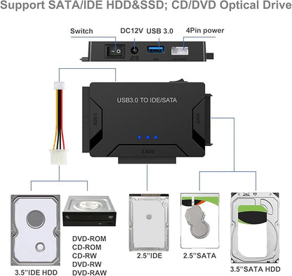 Hard Drive Reader, USB 3.0 to IDE and SATA Adapter External Hard DriveConverter for Universal 2.5/3.5 HDD/SSD Hard Drive Disk Includes 12V Power Adapter, Support 6TB - Black