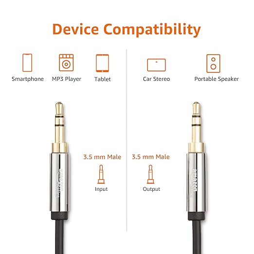 Amazon Basics 3.5mm Male-to-Male Stereo Audio Cable for Speakers, Home Stereos, Car Stereo, Tablets and Smartphones, Gold-Plated Plugs, 4 Foot, Black