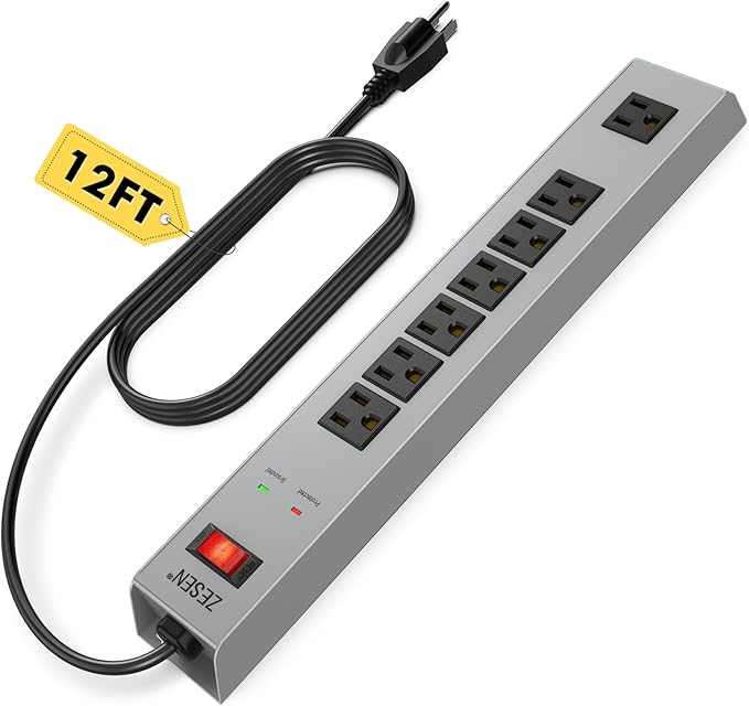 ZESEN 7 Outlet Metal Long Power Strip with Overload Protection & 1500J Surge Protection, 12ft Cord Wall Mounted Industrial Power Strip for Office Workshop Garage, ETL Listed(15A/1875W), Grey