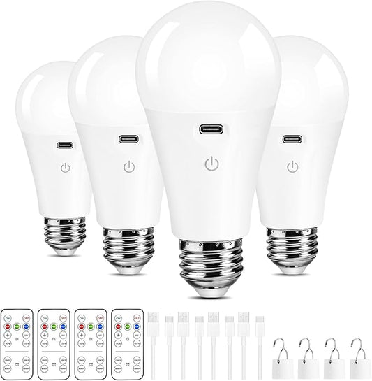 Rechargeable Light Bulbs with Remote Control and USB Charging; Dimmable Battery Operated Light Bulbs with 3 Color Temps and 4 Timer; A19 Wireless Light Bulbs for Sconce, Not-Hardwired 4 Pack