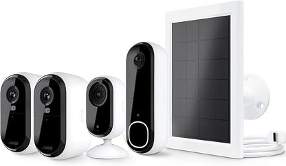 Arlo Essential Security Camera 2K Indoor/Outdoor 2 Cameras, Essential 2K Indoor 1 Camera, Video Doorbell & Solar Panel Bundle | Battery gets Charged with Solar Panels | White