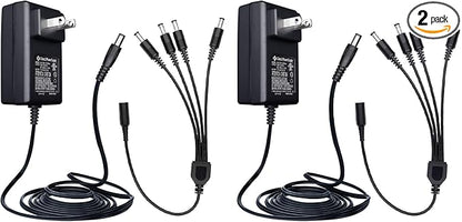 2 Pack 12V 2A 6ft Long Power Adapter, AC 100-240V to DC 12V 2A (2000mA) & 4-Way Power Splitter Cable for CCTV Security Camera/DVR/NVR/LED Strip Lights, UL Listed/FCC/CE Certificated