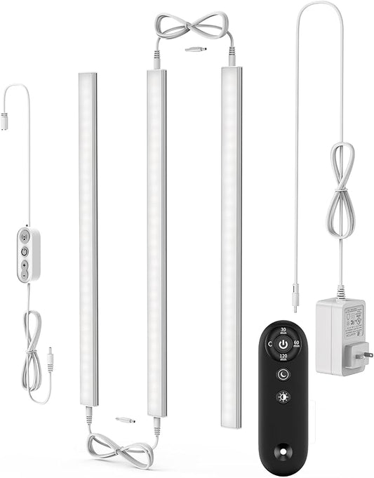 Remote Control Under Cabinet Led Light Plug in, Dimmable Daylight White 4500K, 3 Pack 12 inch Linkable Under Counter Lights for Kitchen Upgrade ETL Listed Plug 24V, UNO-LK 4500K
