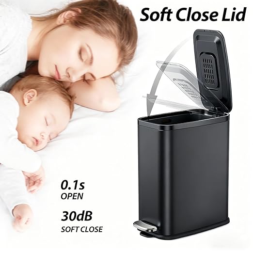 1.6 Gallon Bathroom Trash Can with Lid Soft Close, Small Black Stainless Steel Step Pedal Garbage Can, Removable Inner Bucket, Includes 60 Trash Bags