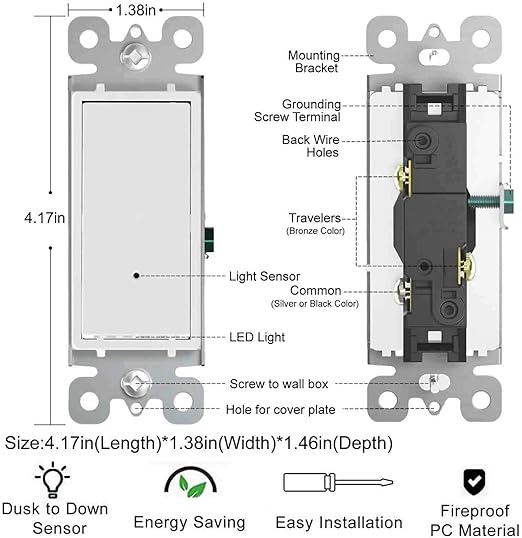 2 Pack Illuminated 3 Way Light Switch, Three Way Paddle Rocker Light Switch with LED Night Light, Automatic On/Off Sensor, 15Amp 120/277Volt, White