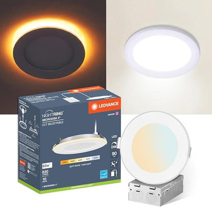 LEDVANCE 4" Night Ring Recessed Ceiling Downlight with Night Light, 10W, Recessed Lighting with 5 CCT (2700K/3000K/3500K/4000K/5000K), 830 LMS, 90 CRI, Energy Star, Damp Rated - 1 Pack (65792)