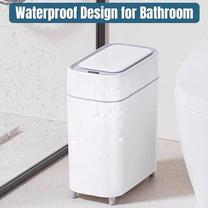 LALASTAR 2 Pack Automatic Trash Can Bathroom, Touchless Garbage Can with Lid, Slim Motion Sensor Waterproof Plastic Trash Bins for Bedroom Office Toilet, 2.3 Gallon, White+Grey Trim