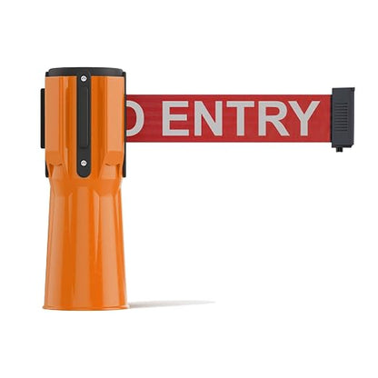 Trafford Industrial 11' Cone-Mounted Retractable Belt Barrier, NO Entry | Orange ABS Case, Red 2-inch Herringbone Belt with White Lettering, 4-way Receiver and Belt-braking Technology.