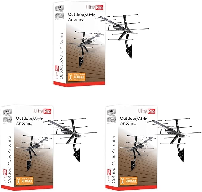 UltraPro Outdoor HD Digital, Long Range Smart TV Antenna, Supports 4K 1080P HD VHF UHF, J Mount Included for Attic or Outdoor, Weather Resistant, 65000 (Pack of 3)