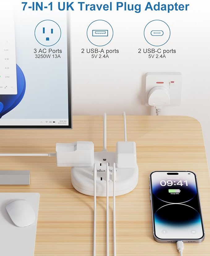 UK Adapters for Travel(13A), 3FT UK Power Strip